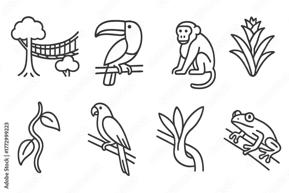 Obraz premium Rainforest Canopy Icons. Line style icons of Rainforest Canopy: Canopy Walkway, Toucan, Howler Monkey, Bromeliad, Liana, Macaw,