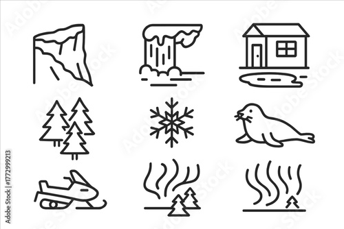 Winter Fjord Icons. Line style icons of Winter Fjord: Snowy Cliff, Frozen Waterfall, Ice Fishing Hut, Snowmobile, Pine Trees,