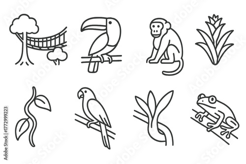 Rainforest Canopy Icons. Line style icons of Rainforest Canopy: Canopy Walkway, Toucan, Howler Monkey, Bromeliad, Liana, Macaw,