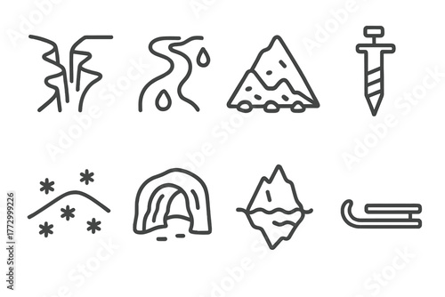 Glacier Line Icons. Line style icons of Glacier: Crevasse, Meltwater, Moraine, Ice Core Drill, Snowfield, Glacier Cave, Iceberg,