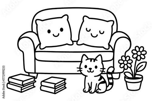 Happy Sofa Scene. Cartoon sofa with cushions shaped like happy faces, surrounded by a cat, books, and flowers, black and white