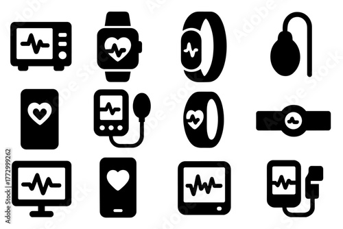 Monitoring Device Icons. Solid style icons of Monitoring devices: ECG machine, smartwatch pulse, wearable band, medical sensor,