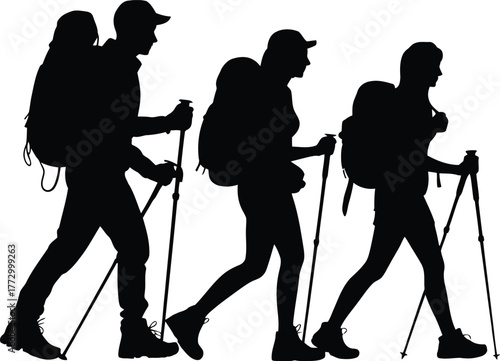 Outdoor Adventure Hikers Backpacking Silhouettes Trekking Poles Expedition Journey Vector Graphic