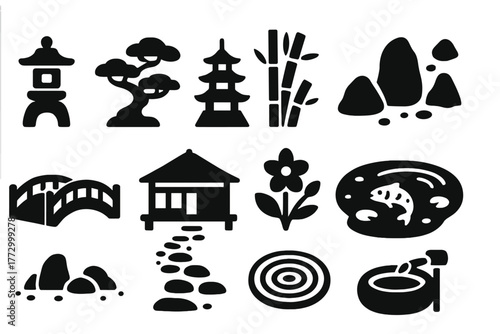 Traditional Garden Icons. Solid style icons of Traditional Gardens: stone lantern, bonsai tree, pagoda, bamboo grove, gravel path,