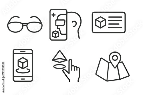 Augmented Reality Icons. Line style icons of Augmented Reality: Smart Glasses, AR Overlay, Digital Information, Physical Space,