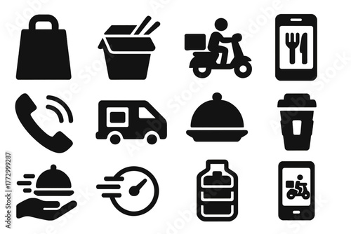 Takeout Delivery Icons. Solid style icons of Takeout and delivery: takeaway bag, food box, delivery scooter, online order, phone