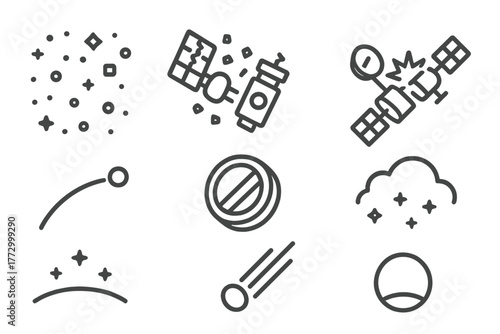 Space Junk Icons. Line style icons of Space Junk: Orbital Debris Field, Broken Satellite Panel, Space Collision, Orbit Arc,