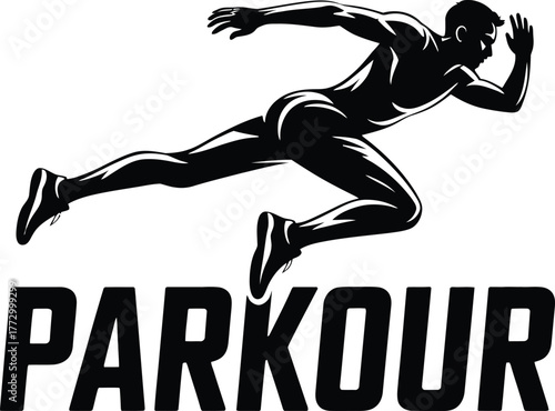 Parkour Athlete Silhouette in Dynamic Running Jump Over Parkour Text Urban Sport Vector Design
