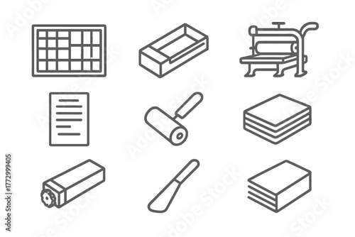 Letterpress Line Icons. Line style icons of Letterpress: Type Case, Composing Stick, Proof Press, Printed Card, Ink Roller, Paper