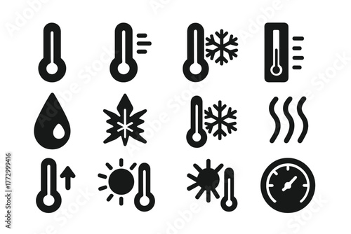 Temperature Icons Collection. Solid style icons of temperature and thermometers: thermometer full, hot temperature icon, cold