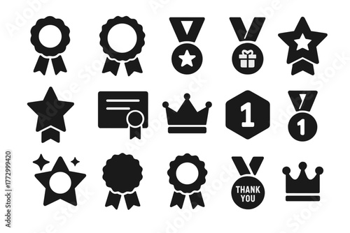 Reward Icon Collection. Solid style icons of Rewards: prize ribbon, award badge, trophy medal, gift medal, honor star, certificate