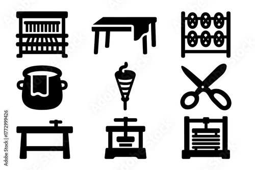 Artisan Workshop Icons. Solid style icons of Artisan Workshop: weaving loom, cutting table, yarn rack, dyeing vat, spinning tool,
