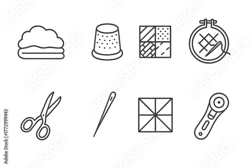 Quilting Tools Icons. Line style icons of Quilting: Batting, Thimble, Patchwork, Quilting Hoop, Fabric Scissors, Sewing Needle,