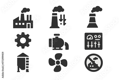 Industrial Icon Set. Solid style icons of industrial capture: factory, smokestack with arrows down, chimney filter, gear, pump,