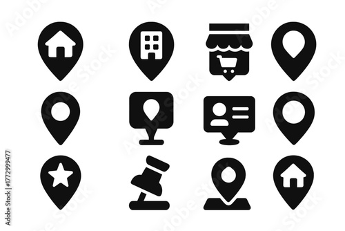 Location Pin Icons. Solid style icons of address and place tags: home location pin, office marker, store location, pin with label,