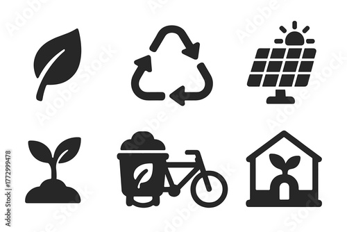 Sustainable Produce Icons. Solid style icons of sustainable produce: eco leaf, recycling arrows, reusable bag, solar panel,