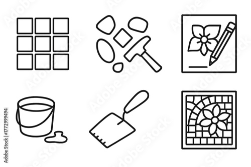 Mosaic Art Icons. Line style icons of Mosaic Art: Tile, Smalti, Hammer, Design Sketch, Grout, Trowel, Pattern, Mosaic Panel, No