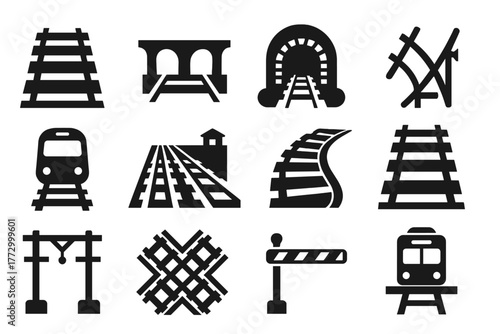 Railway Transport Icons. Solid style icons of railway transport: railway tracks, rail bridge icon, train tunnel, railroad switch,