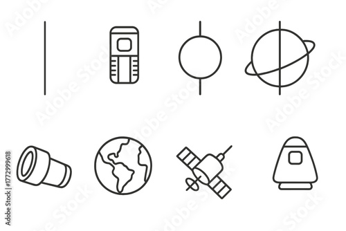 Space Elevator Icons. Line style icons of Space Elevator: Tether Cable, Climber Pod, Counterweight Sphere, Geostationary Orbit