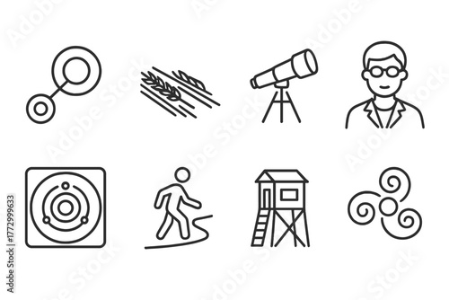 Crop Circle Exploration Icons. Line style icons of Crop Circle: Circular Formation, Flattened Wheat, Telescope, Scientist, Aerial