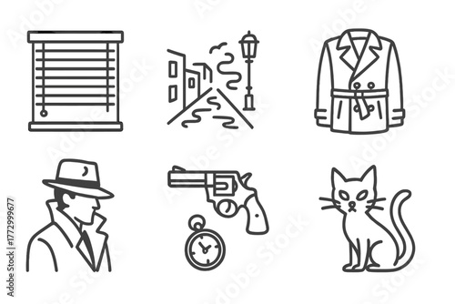 Film Noir Icons. Line style icons of Film Noir: Venetian Blinds, Foggy Street, Whiskey Glass, Shadow Figure, Revolver, Trench Coat