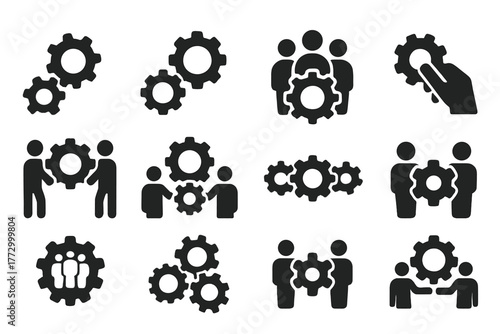 Teamwork Gear Icons. Solid style icons of Teamwork mechanisms: interlocked gears, connected cogs, people with gear, hand turning