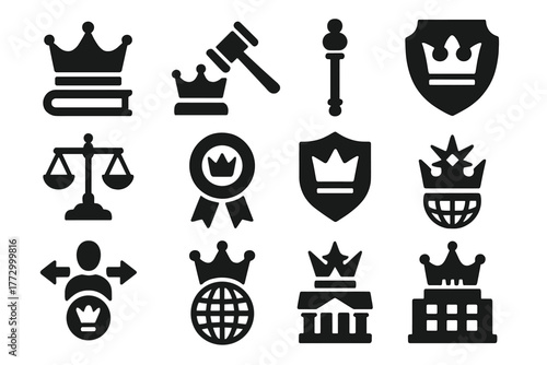 Authority Icons. Solid style icons of Authority symbols: crown with book, judge gavel with crown, ruling scepter, balance scale