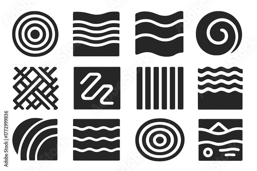 Solid Sand Patterns Icons. Solid style icons of Sand Patterns: concentric circles, flowing lines, wave design, spiral swirl,