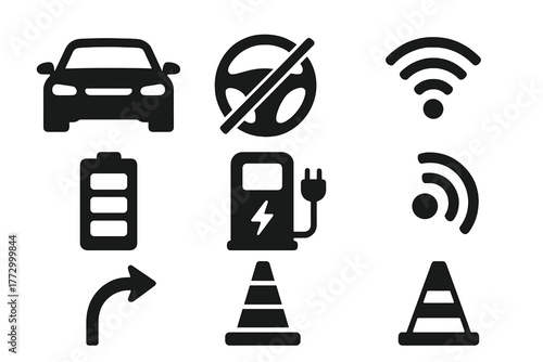Self-Driving Car Icons. Solid style icons of self-driving cars: car, steering wheel crossed out, wifi signal, radar beam, battery,