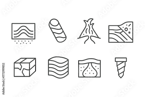 Deep Earth Icons. Line style icons of Deep Earth: Seismic Wave, Core Sample, Mantle Plume, Mineral Vein, Tectonic Fault, Rock