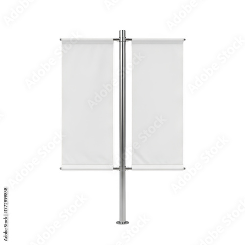 Two blank white banners displayed vertically on a metal pole for advertising or decoration transparent background