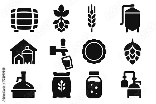 Brewing Iconography. Solid style icons of Brewing: beer barrel, hops plant, wheat stalk, beer fermentation tank, brewery icon,
