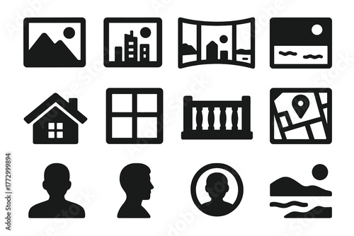 Solid View Icons. Solid style icons of View: mountain view, city view, panoramic view, sea view, rooftop view, window view,