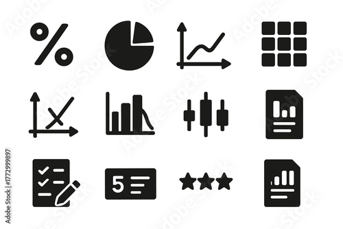 Statistics Icons Collection. Solid style icons of Statistics: percentage sign, ratio pie, average icon, number grid, equation