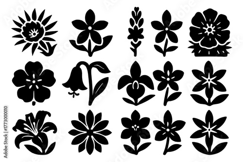 Exotic Night Flowers Icons. Solid style icons of Exotic Night Flowers: night-blooming cereus, jasmine, tuberose, queen of the