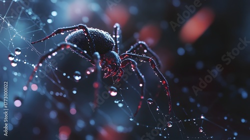 Black Spider on a Dew- Covered Web at Night Keywords: spider, arachnid, insect, macro, Photo