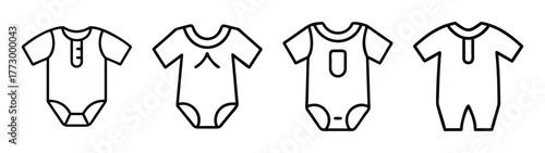 Baby onesies vector illustration, baby clothes outline drawing, newborn apparel design elements set