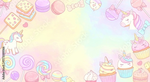 Whimsical pastel frame border filled with cute hand drawn unicorn cupcakes macarons and lollipops on a soft gradient background