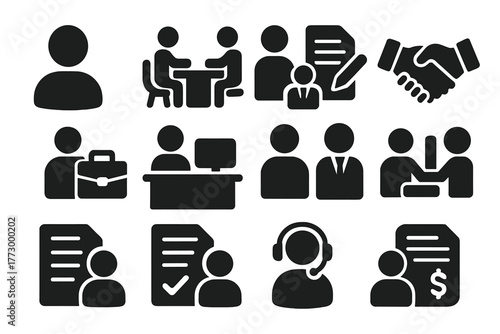 Client Engagement Icons. Solid style icons of Clients: client avatar, client meeting, client contract, client handshake, client