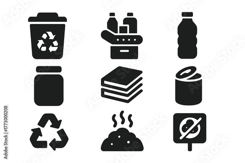 Recycling Icons. Solid style icons of Recycling Process: waste bin, sorting machine, plastic bottle, glass jar, paper stack, metal