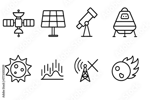 Space Technology Icons. Line style icons of Space Technology: Satellite, Solar Panel, Telescope, Spacecraft, Sunspot, Auroras,