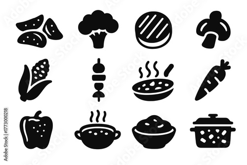 Cooked Vegetable Icons. Solid style icons of Cooked vegetables: roasted potato, steamed broccoli, grilled zucchini, sautéed