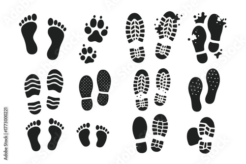 Diverse Footprint Icons. Solid style icons of Tracks: human footprints, animal tracks, shoe prints, muddy footprints, snow tracks,