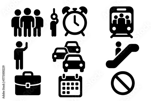 Rush Hour Icons. Solid style icons of rush hour: crowd of people, alarm clock, packed train, standing passenger, traffic jam,