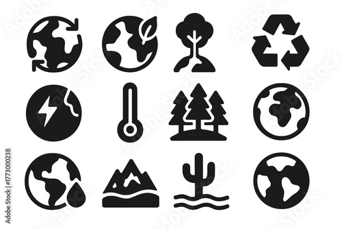 Earth Icons Collection. Solid style icons of earth and environment: rotating globe, eco planet, tree on earth, recycling arrow,
