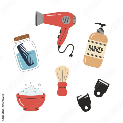 Barber and hair styling tools : hairdryer, comb, shampoo, shaving brush, soap, and clipper guards.
