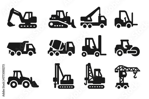 Heavy Machinery Icons. Solid style icons of Heavy machinery: excavator, bulldozer, crane truck, forklift, dump truck, cement truck