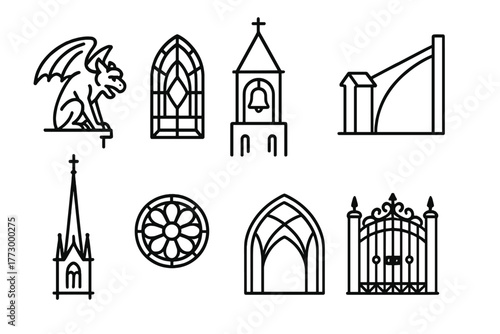 Gothic Architecture Icons. Line style icons of Gothic Elements: Gargoyle, Stained Glass, Bell Tower, Flying Buttress, Spire, Rose