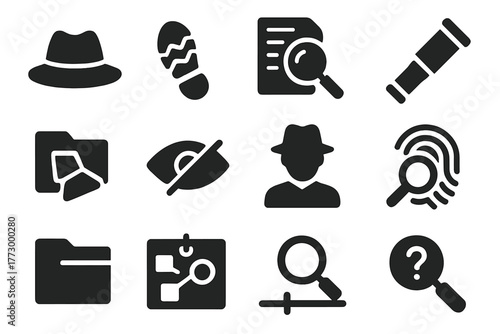 Investigative Icon Set. Solid style icons of investigative search: detective hat, clue icon, magnifying glass over document,