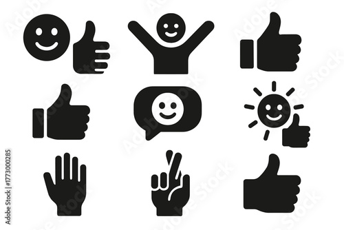 Positive Icons. Solid style icons of Positivity: smiling face with thumbs up, happy person gesture, cheerful approval,